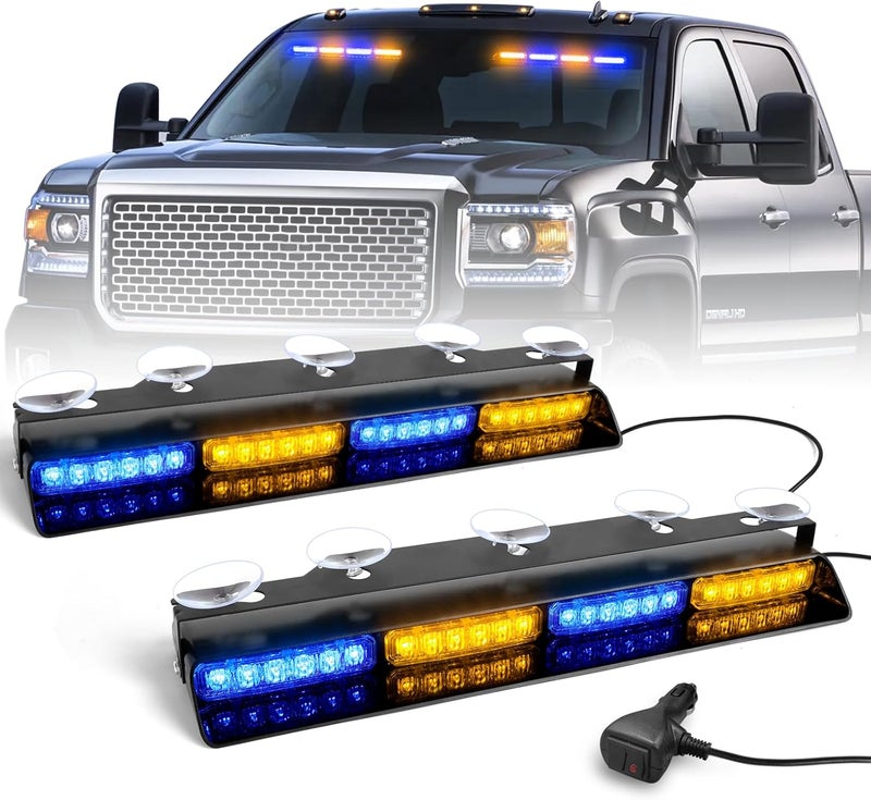 HLauto 6Z4J Emergency Dash Strobe Lights: 2x16.8 inch Blue Amber Safety Lights, 48 LED Flashing Warning Hazard Interior Windshield Visor Traffic Light Bar for Trucks, Construction Vehicles - Image 1